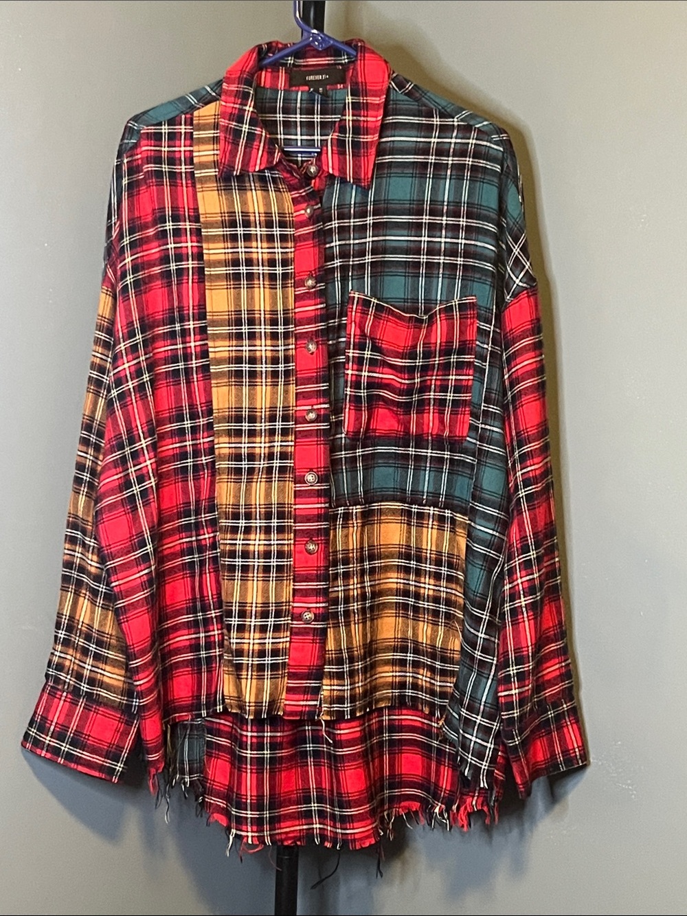 Forever 21 Red, Yellow & Teal Plaid Patchwork Button-Down Shirt